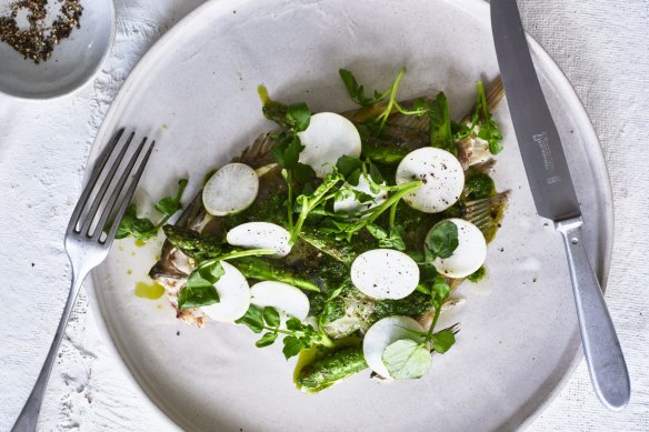 Spring on a plate: steamed John dory garnished with asparagus, Japanese turnip, watercress and green garlic salsa.