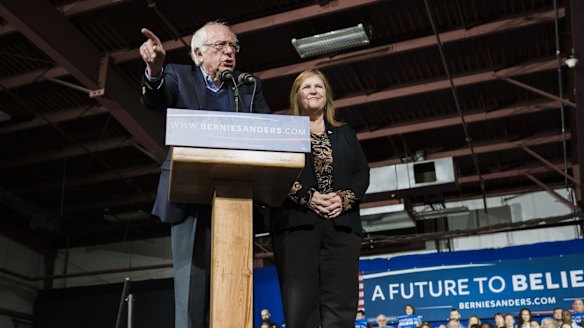 Democratic presidential candidate Senator Bernie Sanders with wife Jane Sanders during a Super Tuesday rally in Essex Junction, Vermont. Sanders raised $US42 million in February.