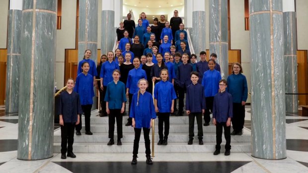The Gondwana Children's Choir perform the Australian national anthem, Advance Australia Fair, in English and Ngunnawal at Parliament House on September 6.