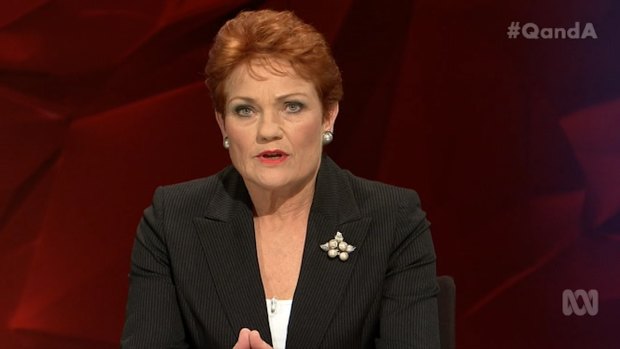 Pauline Hanson, the leader of the One Nation Party, on the ABC's <i>Q&A</i> on July 18.