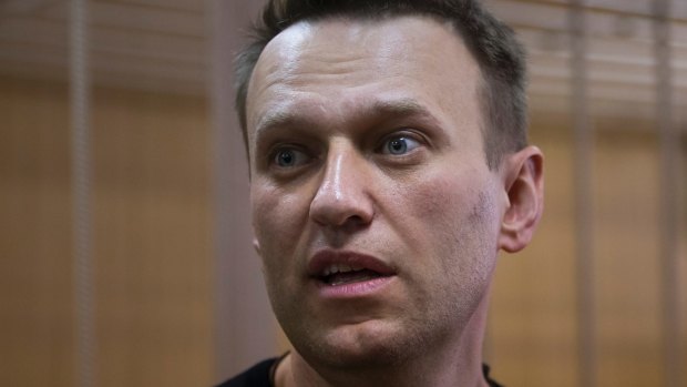 Russian opposition leader Alexei Navalny speaks in court in Moscow, Russia.