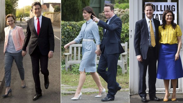 Casting their votes: Labour leader Ed Miliband and wife Justine Thornton, Conservative leader David Cameron and wife Samantha and Liberal Democrat leader Nick Clegg and his wife Miriam Gonzalez Durantez.