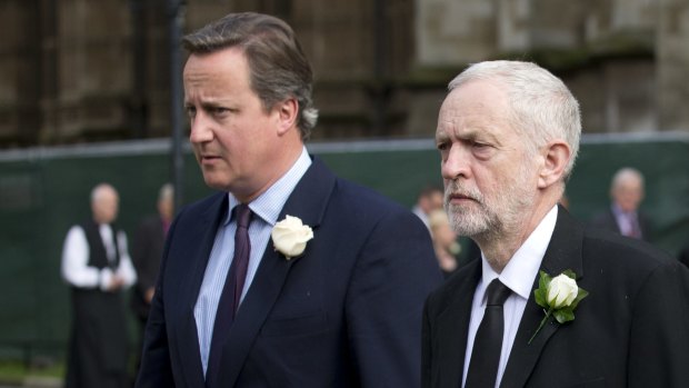 Britain's Prime Minister David Cameron and Labour Party leader Jeremy Corbyn arrive at St Margaret's Church in London for a memorial service for Jo Cox.