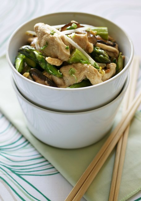 Wok-fried chicken with asparagus and shiitake