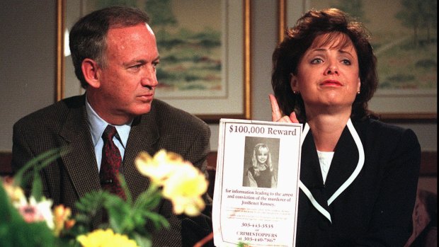 John Ramsey looks at his wife, Patsy, as they appeal for more information about the death of JonBenet Ramsay in 1997.