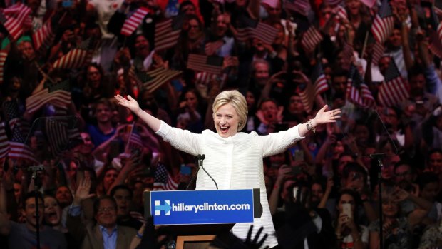 Hillary Clinton celebrates becoming the presumptive Democratic nominee.