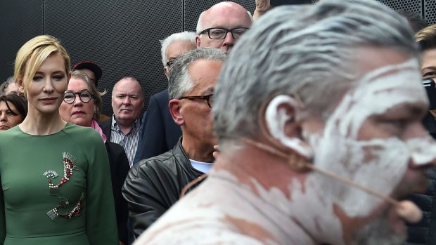 Cate Blanchett and George Brandis, centre back, attend the opening ceremony of the Australian pavilion in Venice.