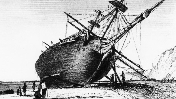 HMS Beagle laid ashore River Santa Cruz. It was during his voyage as a naturalist on Beagle that Charles Darwin made observations that helped form his theory of evolution. 