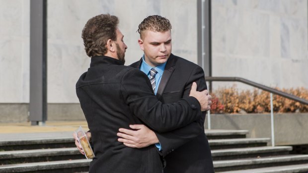 Danny Klobucar, right, was found not guilty due to mental impairment of murdering Miodrag Gajic in 2014, leaves the ACT Supreme Court with a supporter in May. 