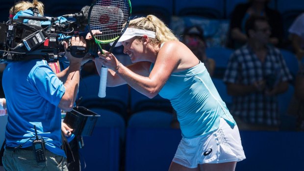 Up close and personal: CoCo Vandeweghe has some fun after her defeat of Anastasia Pavlyuchenkova.