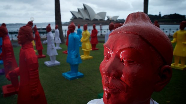 An installation of silk Terracotta Warriors are being assembled in position at Dawes Point ahead of Chinese New Year.
10th February 2015
Photo: Wolter Peeters
The Sydney Morning Herald