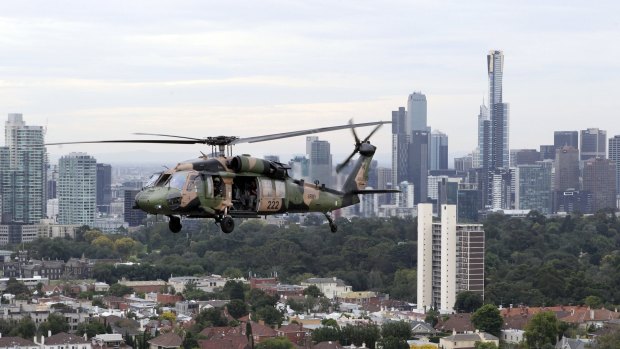 A Black Hawk helicopter over Melbourne in 2011.