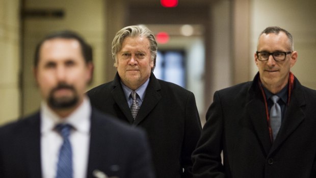 Former chief strategist Steve Bannon, pictured arriving to testify before the House Intelligence Committee's Russia probe, invoked executive privilege in order to avoid answering questions.