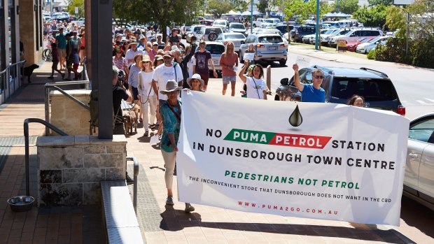 Protestors rally against a proposed 24-hour Puma petrol station in Dunsborough.