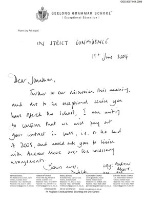 A letter from Nicholas Sampson to Jonathon Harvey commending him for his outstanding service and advising he would be paid out in full in 2005.