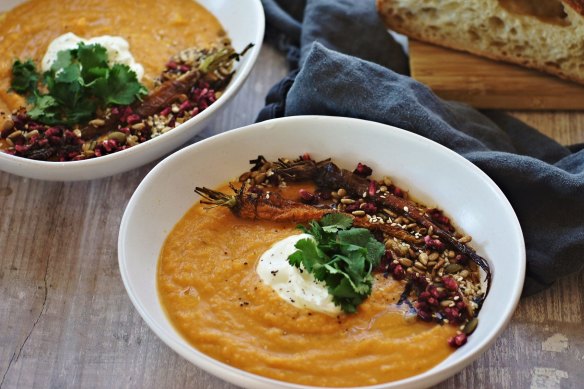 Roasty-toasty: Spiced carrot and sweet potato soup with toasted seeds and roasted carrots.