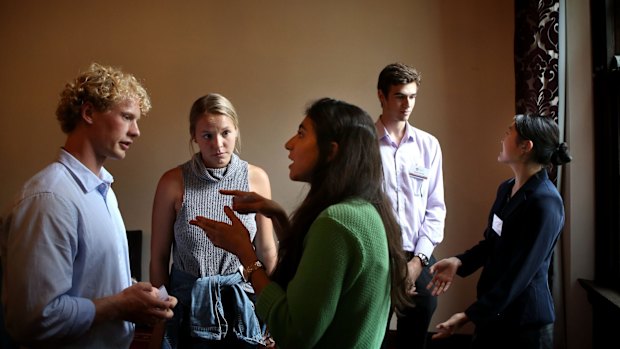 High-school high achievers (from L to R) Sebastian Schwartz, Merle Runde, Nadine Ramzi Abu-Ghazaleh, Hayden Randall, and Stephanie Wu at a University of Sydney afternoon tea.