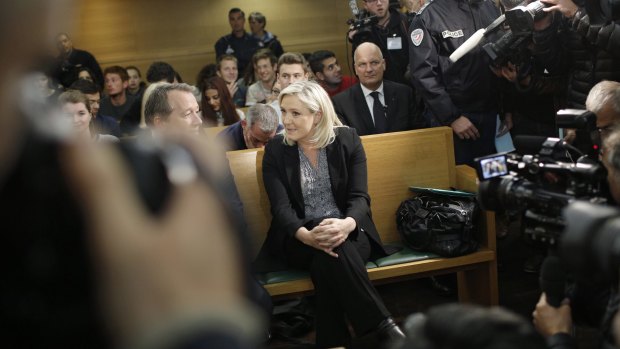 France's far-right National Front leader Marine Le Pen at her court hearing on Tuesday.