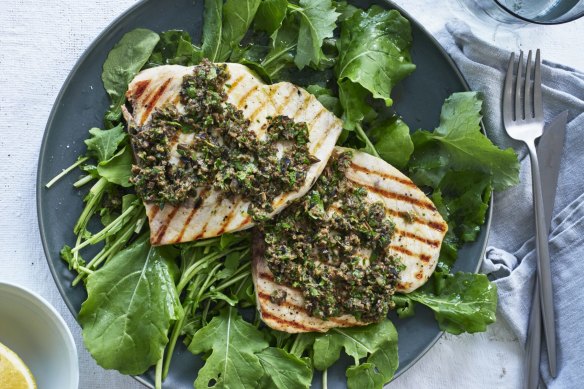 Grilled swordfish with olive tapenade and rocket.