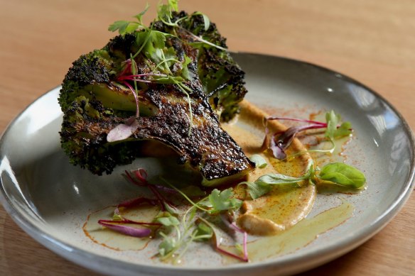 Char-grilled broccoli on eggplant puree.