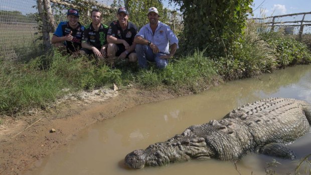 Snap chat: Craig Lowndes, David Reynolds and Chaz Mostert with animal wrangler Matt Wright.
