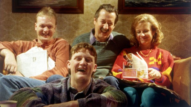 The Kerrigan household: Steve (Anthony Simcoe), Darryl (Michael Caton), Sal (Anne Tenney) and, in front, Dale (Stephen Curry).