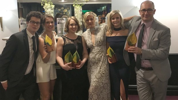 WAtoday's Tim Carrier, Emma Young, Fran Rimrod and Heather McNeill with Marta Pascual Juanola (second from left) and Nathan Hondros (far right) from the Mandurah Mail at Saturday night's WA Media Awards.