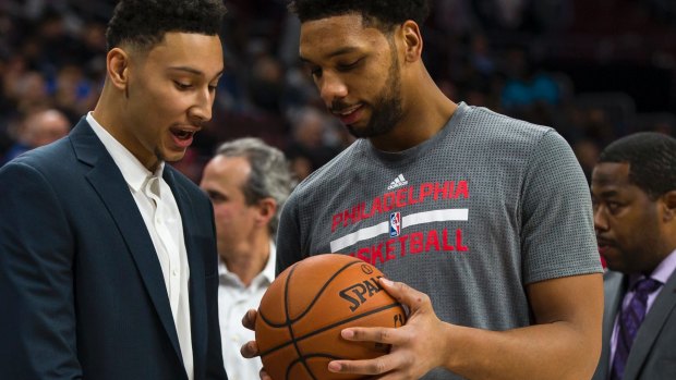 Frustrating times: Ben Simmons, pictured with Jahlil Okafor prior to an NBA basketball game against the Toronto Raptors in December.
