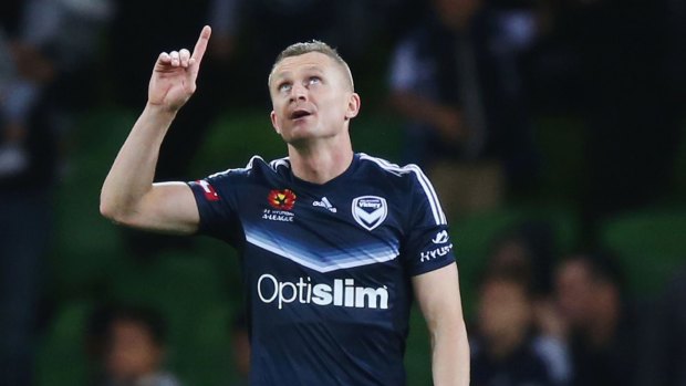 Besart Berisha of the Victory celebrates their win after kicking his 100th goal during the round 27 A-League match between the Melbourne Victory and the Central Coast Mariners at AAMI Park.
