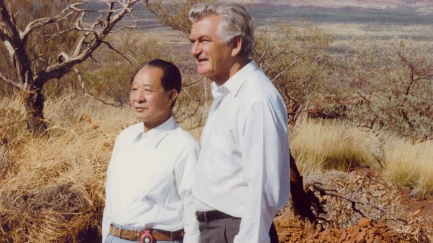 Li Zhao's husband Hu Yaobang with Bob Hawke in 1985 in the Pilbara, which soon became the site of the first major Chinese foreign investment.