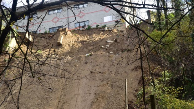An apartment block on the edge of the landslide area in Switzerland's rain-drenched southern Ticino region.