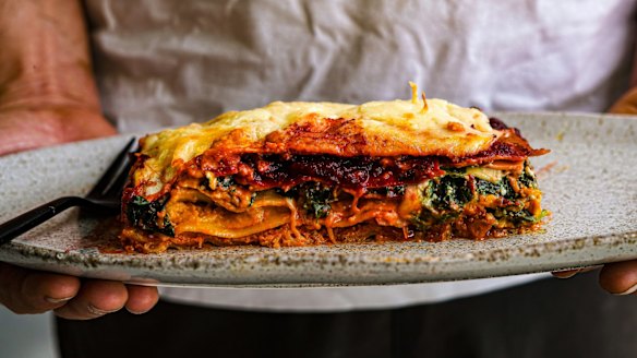 KatrinaÃÂ Meynink's Rainbow lasagne recipe for Good Food August 2020. Vegetarian lasagne. Please creditÃÂ KatrinaÃÂ Meynink. Good Food use only.
