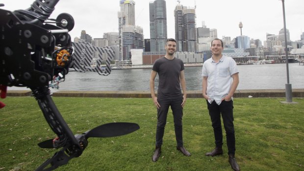Francis Vierboom and Rory San Miguel, founders of Sydney start-up Propeller Aerobotics with their drone. 