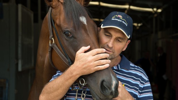Horse trainer Rick Worthington with Honesty Prevails at Warwick Farm stables.