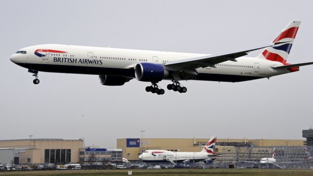 A British Airways flight landing. The pilot of the flight from Geneva, carrying 132 passengers and five crew, reported an object hitting the front of the Airbus A320. A British Airways spokesman said it had not been damaged. 
