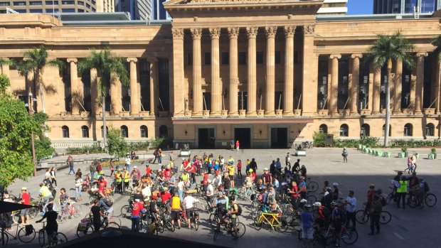 The pedal-powered protesters then gathered outside City Hall, where they made plans to do a similar demonstration during August.