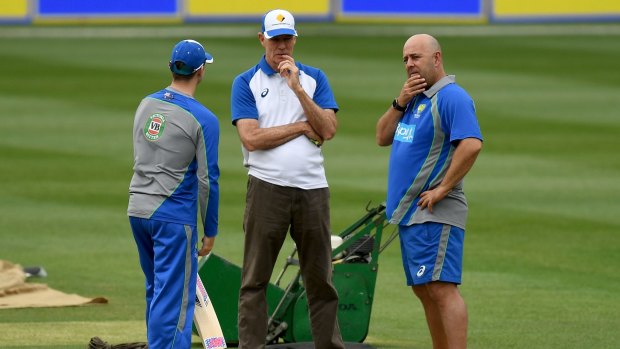 Three wise men: (From left) Steve Smith, Greg Chappell and Darren Lehmann ponder the future of the Australian Test team.