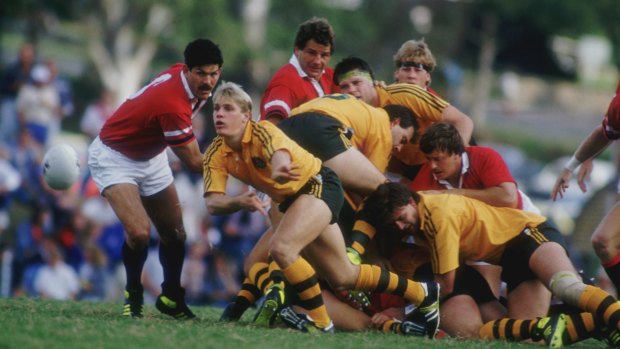 Brian Smith clears the ball during a Rugby World Cup pool match between Australia and the USA in Brisbane in 1987.