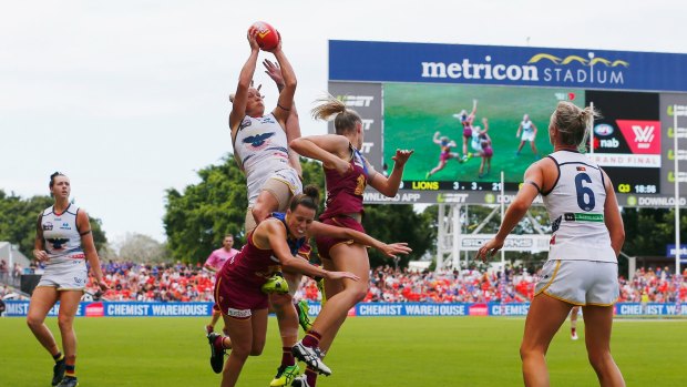 Erin Phillips takes a spectacular high mark for the Adelaide Crows during the AFLW grand final.
