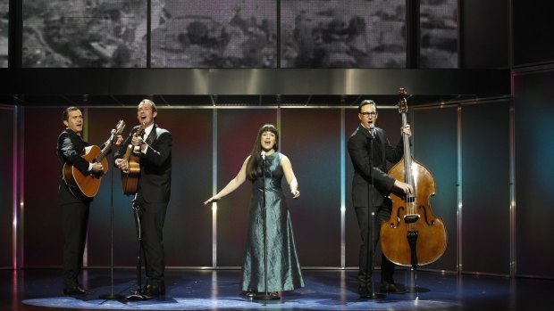 Phillip Lowe (Keith Potger), Mike McLeish (Bruce Woodley), Pippa Grandison (Judith Durham) and Glaston Toft (Athol Guy) in Georgy Girl: The Seekers Musical.
