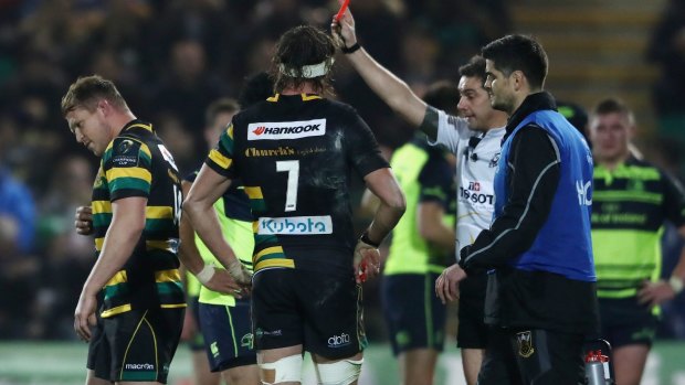 Serial offender: Dylan Hartley of Northampton walks off the pitch after being shown the red card by referee Jerome Garces during the European Rugby Champions Cup match between Northampton Saints and Leinster on December 9