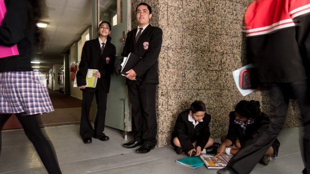 Poor school: Government funding is up six per cent at Noble Park Secondary College. Junior school captains (from left) Laiba, Bryce, Huy and Kavika. 