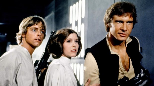 Star Wars Episode IV: A New Hope, from left, Mark Hamill, 
Carrie Fisher and
Harrison Ford. 
