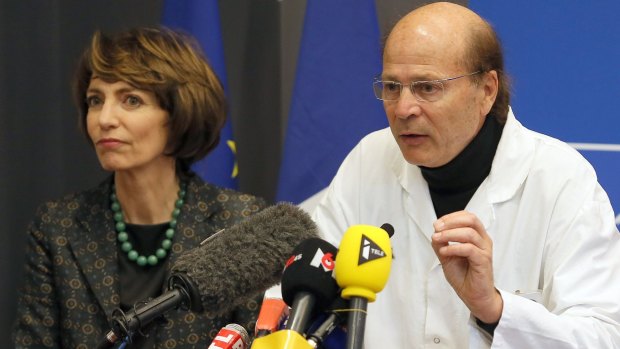 French Health Minister Marisol Touraine, left, and Professor Gilles Edan, the chief neuroscientist at Rennes Hospital, address the media.