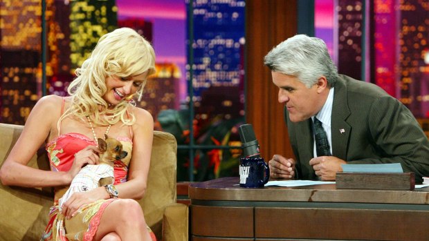 Jay Leno interviewing Paris Hilton and her (now deceased) dog Tinkerbell.