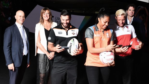 (From left) NRL CEO Todd Greenberg, Acting Chief Executive of Netball Australia, Marne Fechner, NRL player James Tedesco, netball player Kristina Manu'a, AFL player Isaac Heeney and AFL CEO Gillon McLachlan.