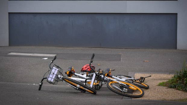 Two abandoned oBikes in South Melbourne in July.