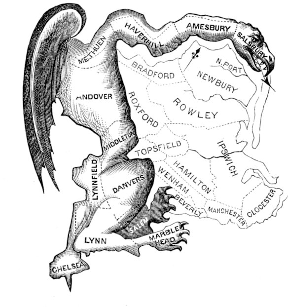 This 1812 cartoon depicts the senate election map of the Massachussets state election drawn in favour the Democratic-Republican Party candidates of Governor Elbridge Gerry over the Federalists. The governor's name and the salamander shape of the district gave rise to the term gerrymandering.