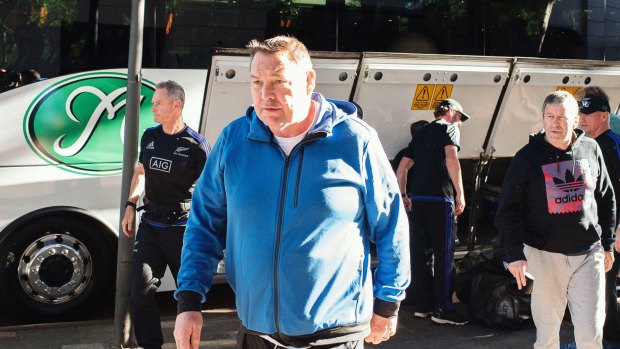 Bugged: All Blacks coach Steve Hansen and his team leave the Intercontinental Hotel in Double Bay after the listening device was found last year.