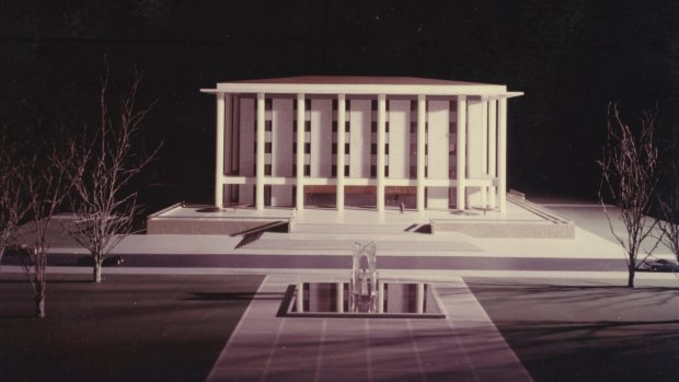 A Max Dupain photograph of the architectural model of the National Library of Australia.
